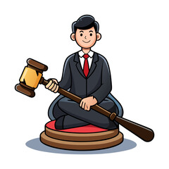 Confident Male Lawyer Sitting on Oversized Gavel Illustration Representing Justice, Law Profession, Courtroom Success, Legal Authority, Advocacy Concept