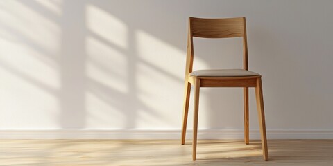 A single, elegant wooden chair stands in a room bathed in warm sunlight. The chair has a light-colored wood frame with a simple, modern design. A padded seat upholstered in a light beige fabric 