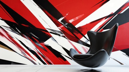Abstract red, black, white wall art with modern black chair.