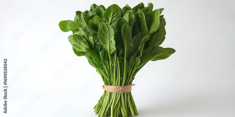 Poster a bunch of fresh spinach is tied together with twine and placed on a white surface. the spinach leav