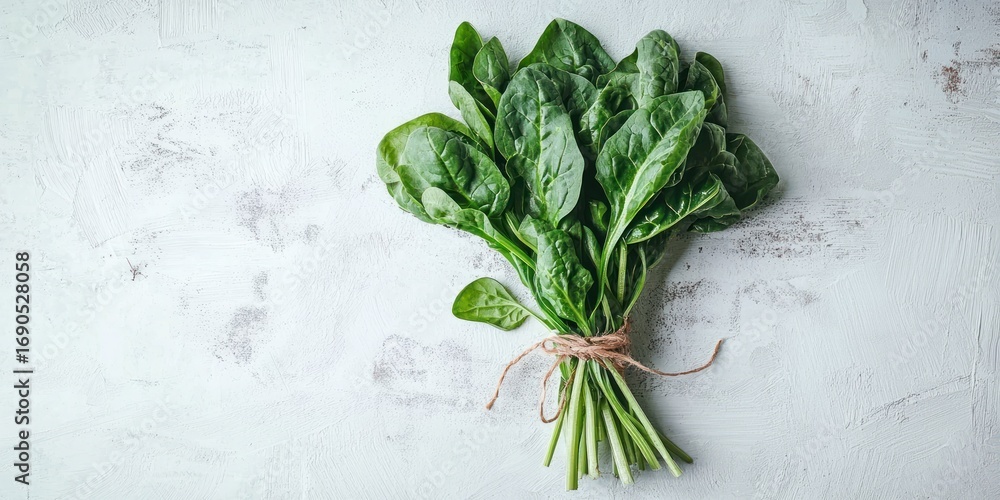 Poster a bunch of fresh spinach is tied with a twine. the spinach is displayed on a textured white surface.