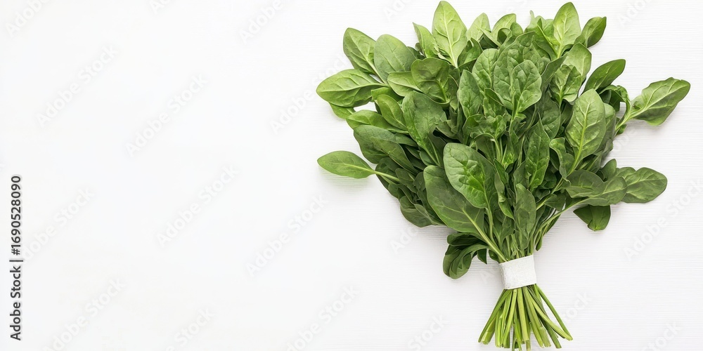 Poster a bunch of fresh spinach is arranged on a white surface. the spinach is tightly bound with a white r