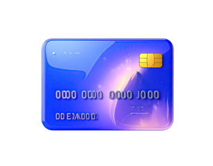 Glossy, vibrant blue credit card with a stylized mountain range graphic