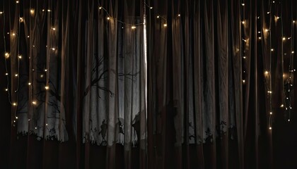 Obraz premium Nighttime Enchantment, Silhouettes Behind Curtains, Cozy Home, Photography, Warm Atmosphere, Captivating Viewpoint, Mystical Concept