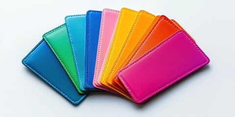 A collection of small, rectangular leather card holders arranged in a fan shape. The card holders are in a vibrant array of colors including blue, green, yellow, orange, pink, purple, and magenta. 