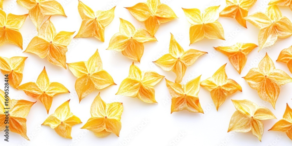 Poster a collection of starfruit slices arranged in a horizontal row on a white surface. the starfruit are 
