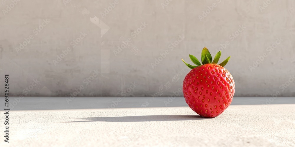 Poster a vibrant red strawberry rests on a concrete floor against a textured, light gray wall. the strawber