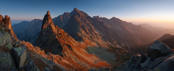 Obraz premium Golden light illuminates a dramatic mountain range, showcasing rugged peaks and valleys bathed in warm hues during the tranquil hours of sunrise, evoking a sense of awe.