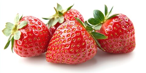 Four fresh strawberries are arranged on a white surface. Each strawberry is vibrant red with small seeds and green leaves. The strawberries are glossy and appear juicy. 