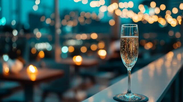 Elegant tall glass of sparkling wine with rising bubbles on a white bar counter, blurred warm ambient lights creating a dreamy atmosphere, perfect for celebration or upscale gatherings