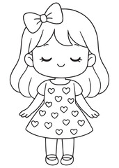 coloring book girl wearing a heart-pattern dress, standing peacefully in a sweet Valentine portrait.