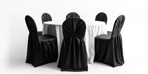 A round table draped with a white tablecloth and black chair covers is set for a formal dinner. Six black chairs surround the table, each with a black chair cover. The table is centered in the frame, 