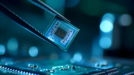 Tweezers holding microchip over circuit board in blue light