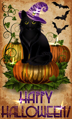 Happy Halloween vip invitation card, black cat in a witchs hat, vector illustration