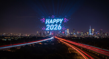 Fototapeta premium Happy new year two thousand and twenty six over city skyline with light trails at night time long exposure