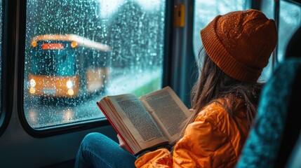 A young woman with long brown hair is sitting inside a train car, engrossed in a book. Rain streaks down the window, blurring the view of a passing bus. She wears a bright orange jacket 