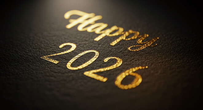 Close up of golden happy 2026 text on a dark textured background with a shallow depth of field