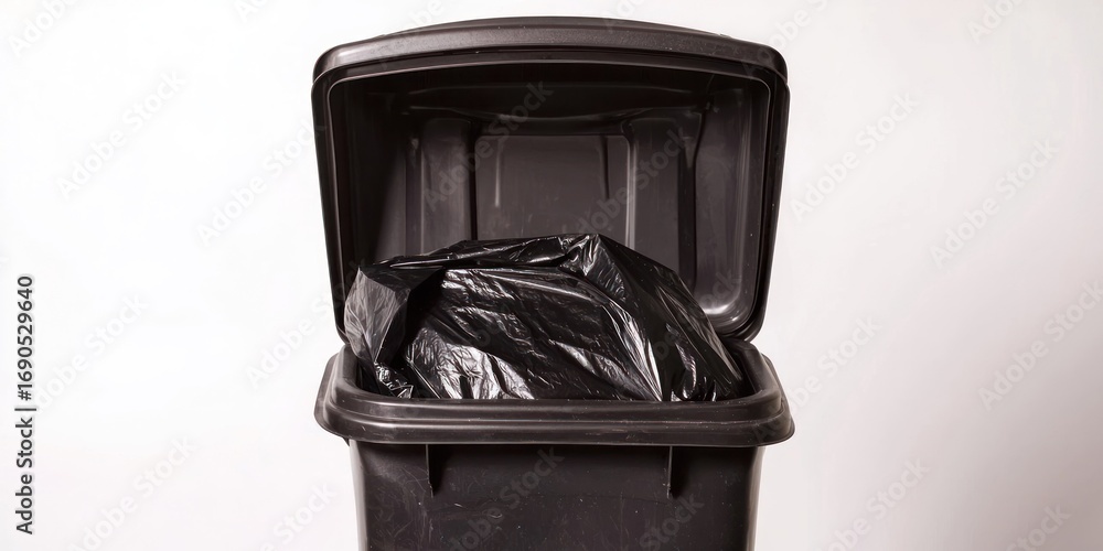Poster a black trash bin with its lid open, containing a large black plastic garbage bag filled with trash.