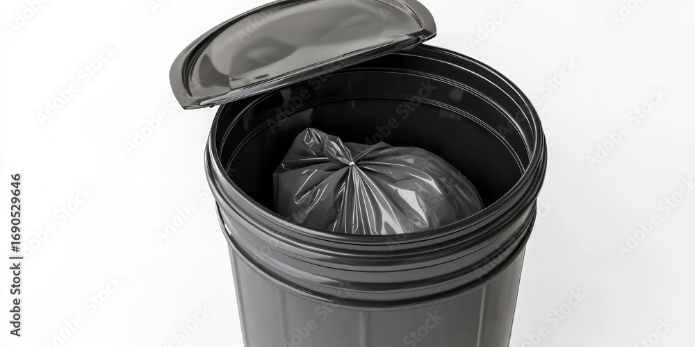 Poster a black trash can with a lid is partially open, revealing a black garbage bag filled with waste. the