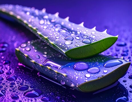 Aloe vera leaves with water droplets, vibrant colors - Powered by Adobe