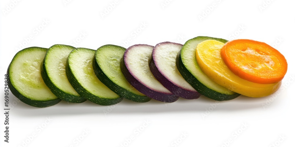 Poster a row of sliced vegetables is arranged in a gradient of colors. the vegetables include green zucchin