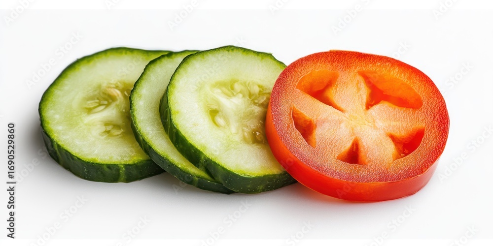 Poster three slices of cucumber and a tomato are arranged on a white surface. two cucumber slices are whole