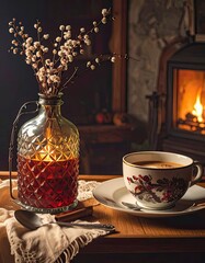 Fototapeta premium Cozy Tea Experience in a Rustic Cabin Setting