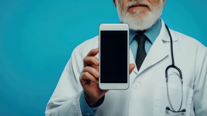 Smiling doctor holding smartphone displaying blank screen, symbolizing the potential for modern medical applications and telehealth capabilities. - Powered by Adobe