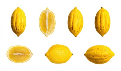 A grid of lemons whole, halved and lengthwise cut, showing their textured yellow rinds and pulpy insides, displayed on a white background