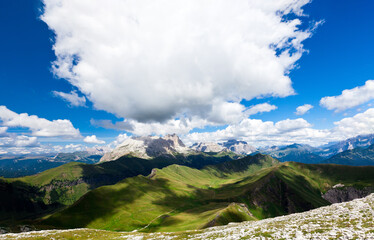 Panoramic Alpine Landscape with Jagged Mountain Peaks and Green Meadows Under Blue Sky