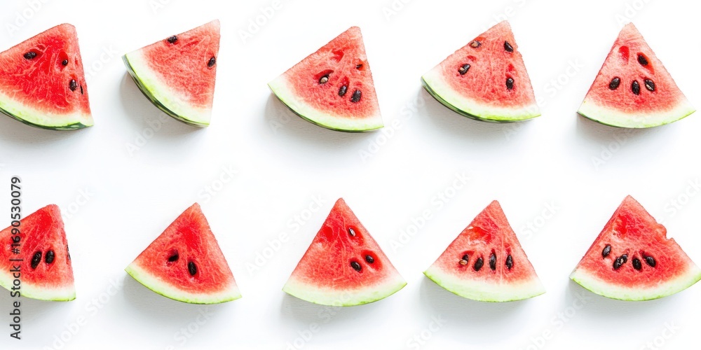 Poster nine slices of watermelon are arranged in a row on a white surface. each slice is triangular and sho