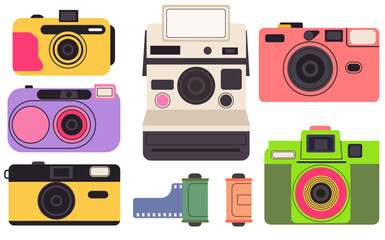 retro film photo camera background old vintage analog disposable photo camera hand-drawn colored illustration