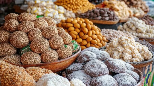 Various sweet treats on display for sale at a bakery or confectionery store.