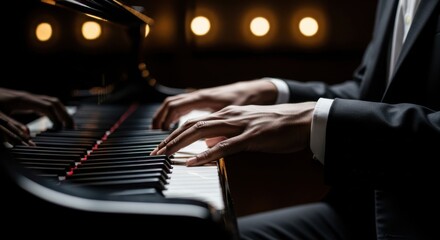 Man Playing Grand Piano in Dramatic Lighting