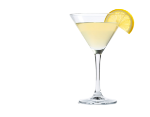 Pale yellow cocktail in martini glass, lemon slice garnish