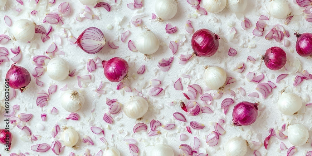 Poster a white surface is covered with a dense arrangement of red and white onions and their detached paper
