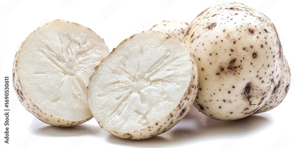 Poster three white taro root segments are arranged on a white surface. two whole taro roots and one cut seg