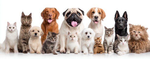A variety of dogs and cats of different breeds are posed on a bright white background, looking directly at the viewer. Happy, fluffy and furry pets