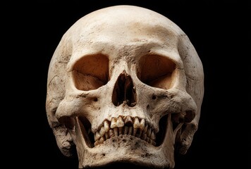 Obraz premium Human skull, lit against a black backdrop, shows bone texture, eye sockets, nasal cavity, and teeth. Shadow enhances the dramatic presentation