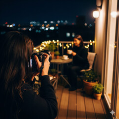 Seseorang sedang memotret seorang teman yang sedang duduk di balkon di malam hari, diterangi oleh lampu-lampu hias. Subjek sedang memegang cangkir kopi, dan latar belakangnya menampilkan cahaya cakraw