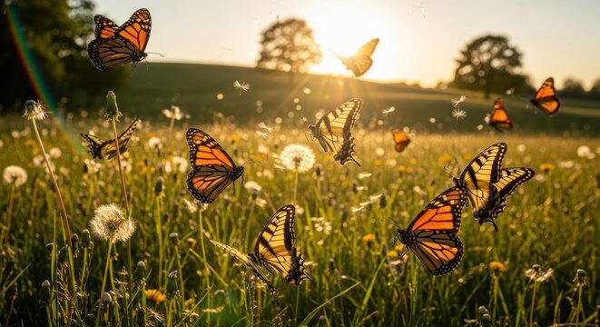 Fototapeta Butterflies flitting through a vibrant meadow at sunset.