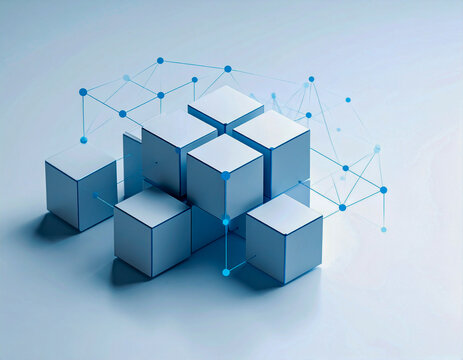 Blockchain and data concept: Stacked 3D cubes connected by a digital network structure. - Powered by Adobe
