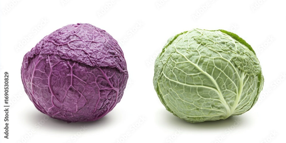 Poster two heads of cabbage are displayed against a white background. one cabbage is a deep purple color, w