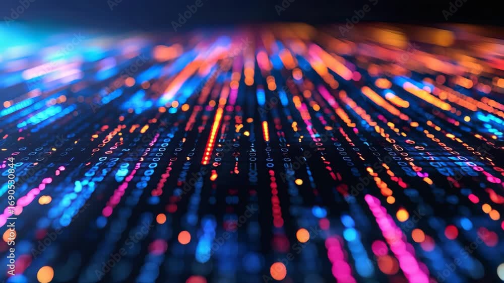 Poster colorful glowing binary code streams with vibrant digital data and abstract technology patterns crea