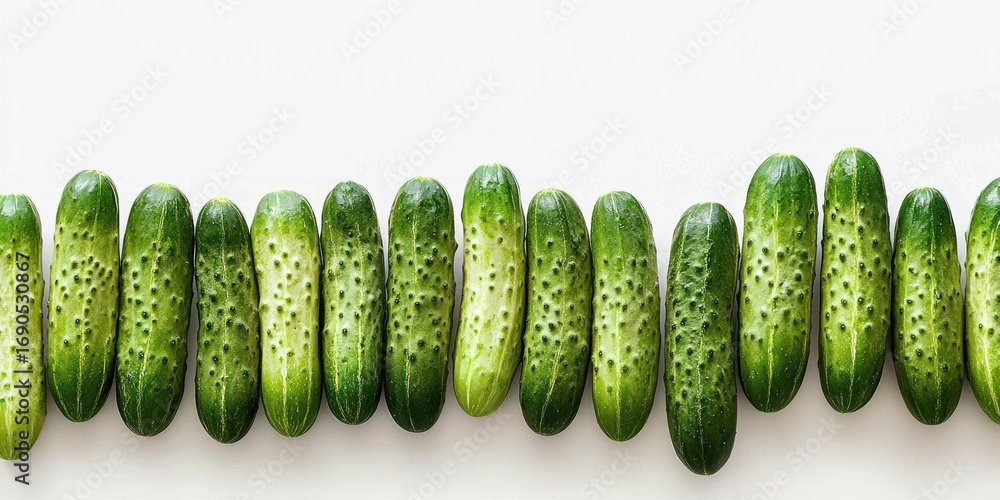 Poster a row of fresh, green cucumbers is arranged horizontally across a white surface. the cucumbers are u