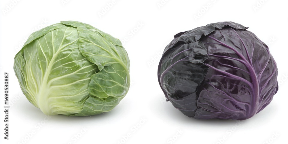 Poster two heads of cabbage are displayed side-by-side on a white surface. one cabbage is green with a ligh