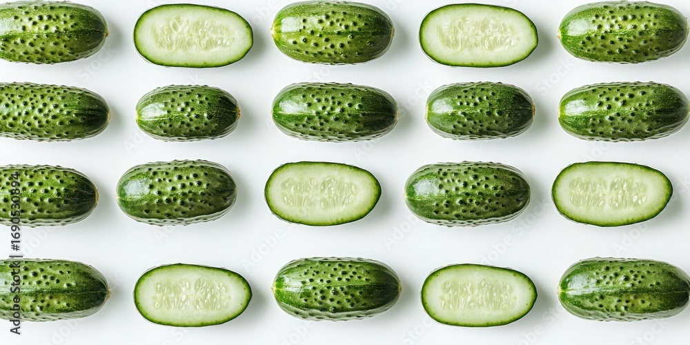 Poster a minimalist arrangement of sliced cucumbers on a white surface. the cucumbers are various sizes and