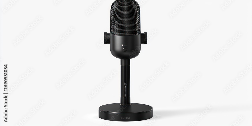 Poster a sleek, black microphone stands on a simple, black base. the microphone has a circular mesh coverin
