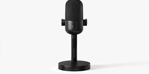 A sleek, black microphone stands on a simple, black base. The microphone has a circular mesh covering and a small, circular button on its side. The microphone is positioned on a white surface