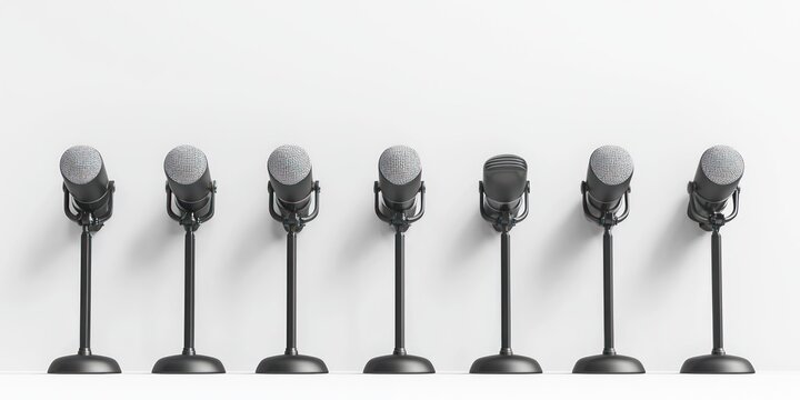 Seven black microphones are arranged in a row on a white surface. Each microphone is mounted on a black stand with a long, slender arm. The microphones are positioned closely together